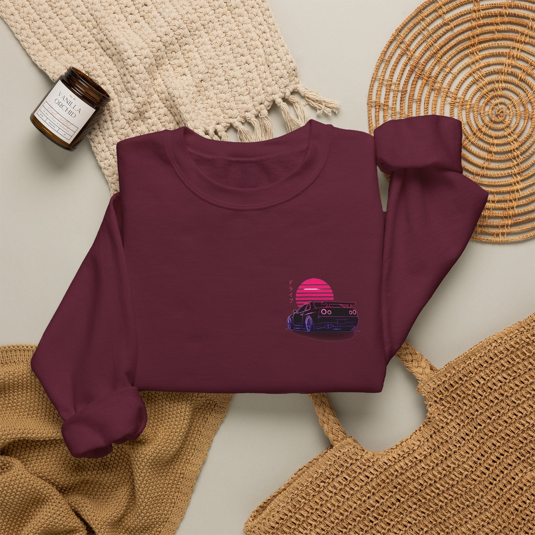Crewneck Sweatshirt — Retro Vaporwave Car Sunset Graphic