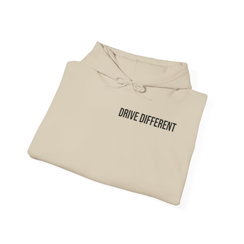 Drive Different Hoodie — Black & White Retro Car Collage Pullover