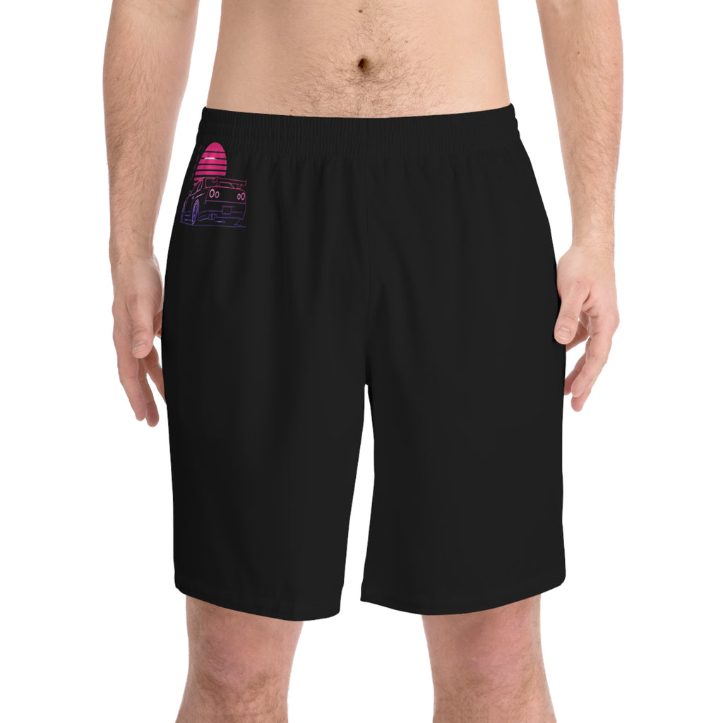 Men's Beach Shorts — Retro Neon Sunset Car Graphic