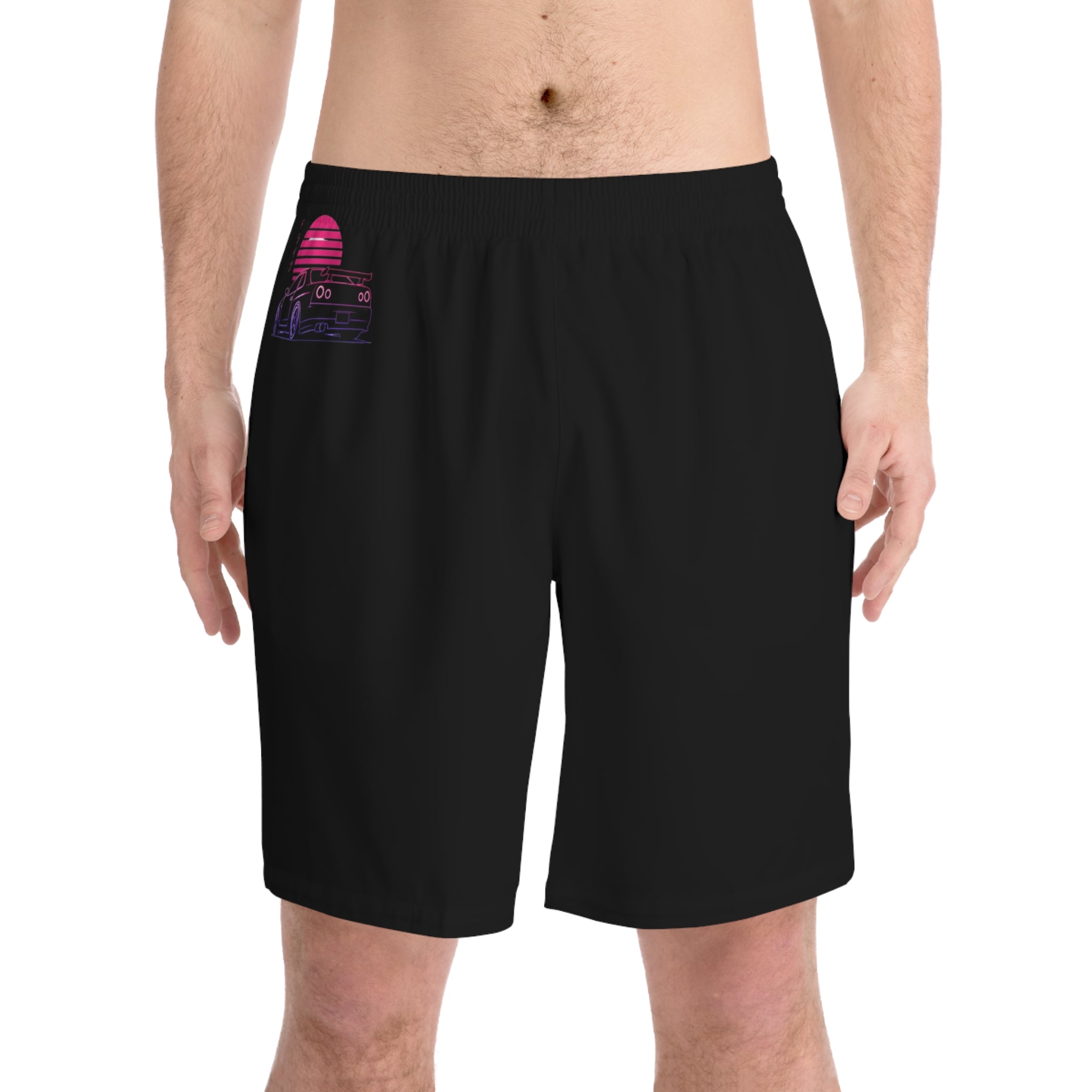 Men's Beach Shorts — Retro Neon Sunset Car Graphic