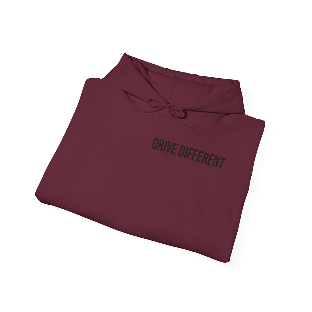 Drive Different Hoodie — Black & White Retro Car Collage Pullover