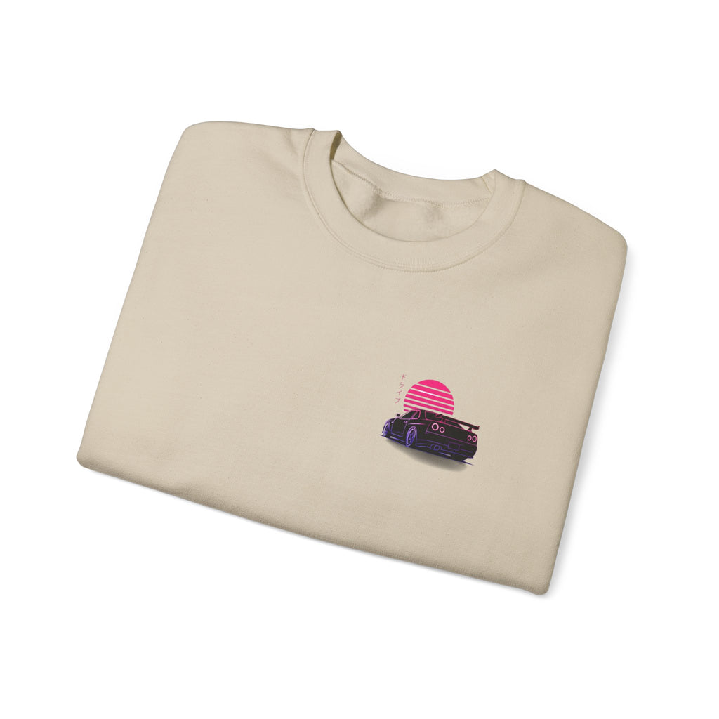 Crewneck Sweatshirt — Retro Vaporwave Car Sunset Graphic