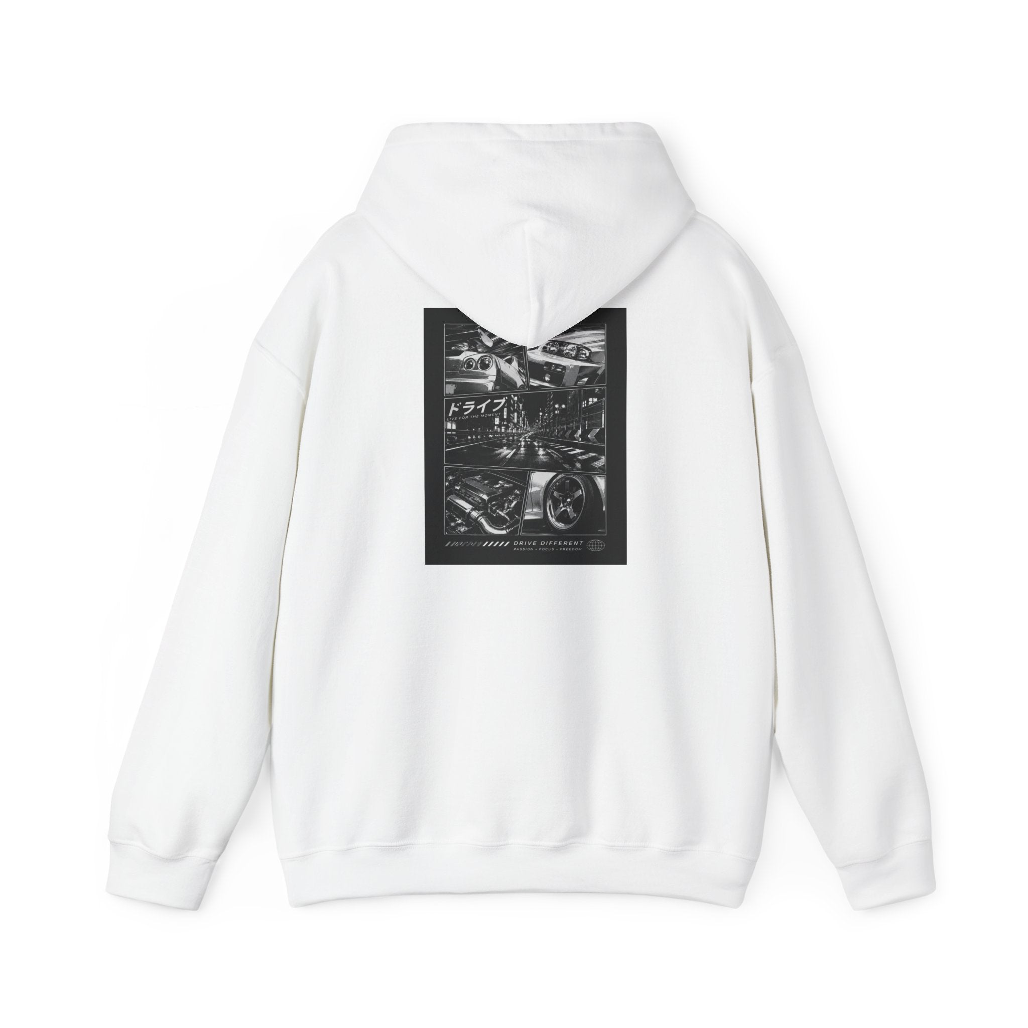 Drive Different Hoodie — Black & White Retro Car Collage Pullover