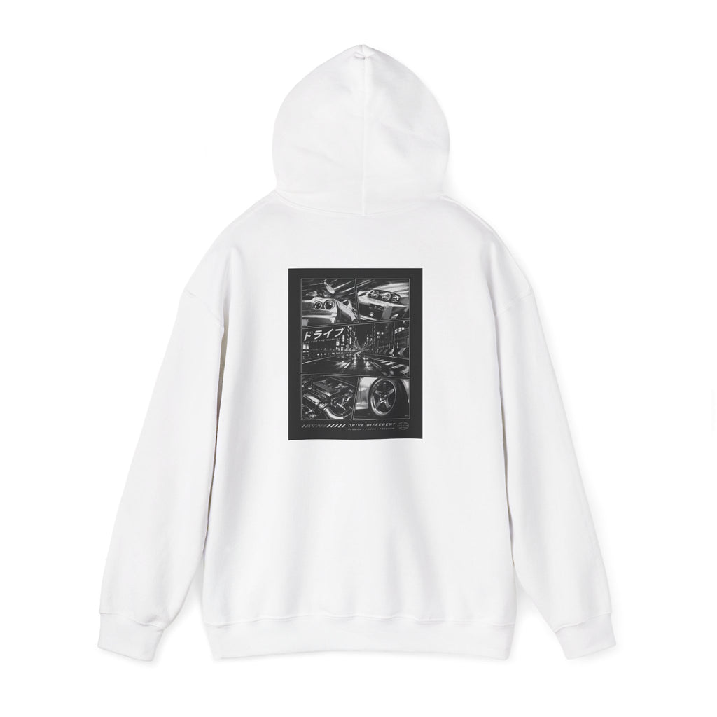 Drive Different Hoodie — Black & White Retro Car Collage Pullover