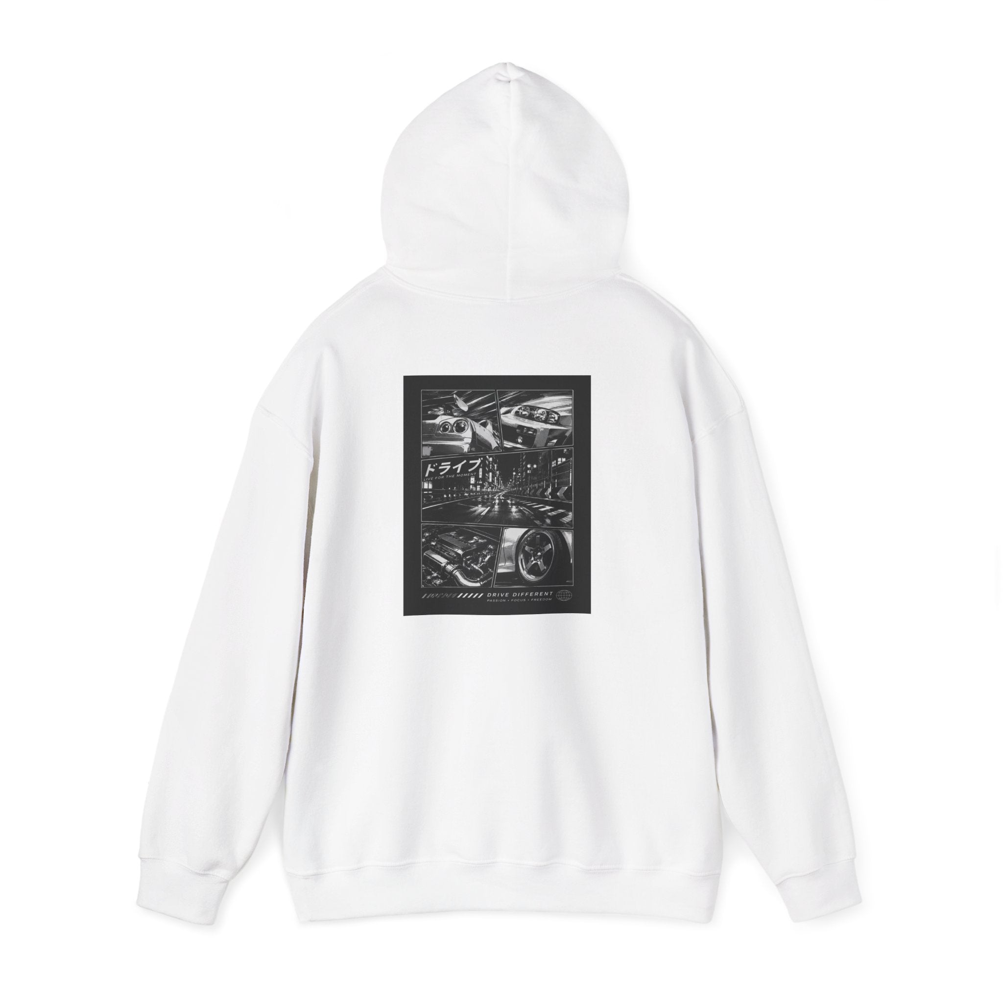 Drive Different Hoodie — Black & White Retro Car Collage Pullover